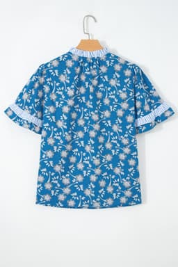 image-Blue Floral Print Tie Neck Short Sleeve Blouse