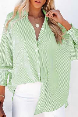 image-Orchid Petal Striped Shirred Cuff Buttoned Loose Fit Shirt
