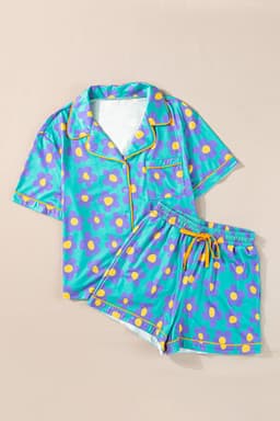 image-Green Flower Print Short Sleeve Pajamas Set