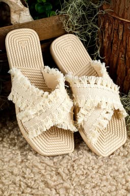 image-Woven Tassel Flat Slippers - Beige Crossed Straps