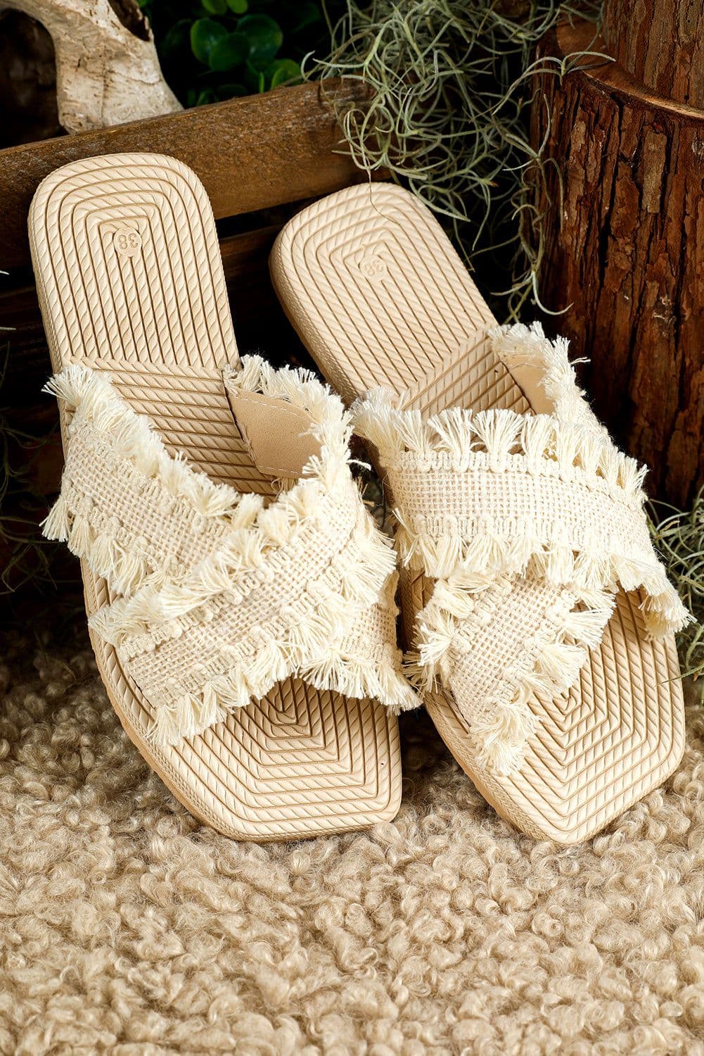 image-Woven Tassel Flat Slippers - Beige Crossed Straps