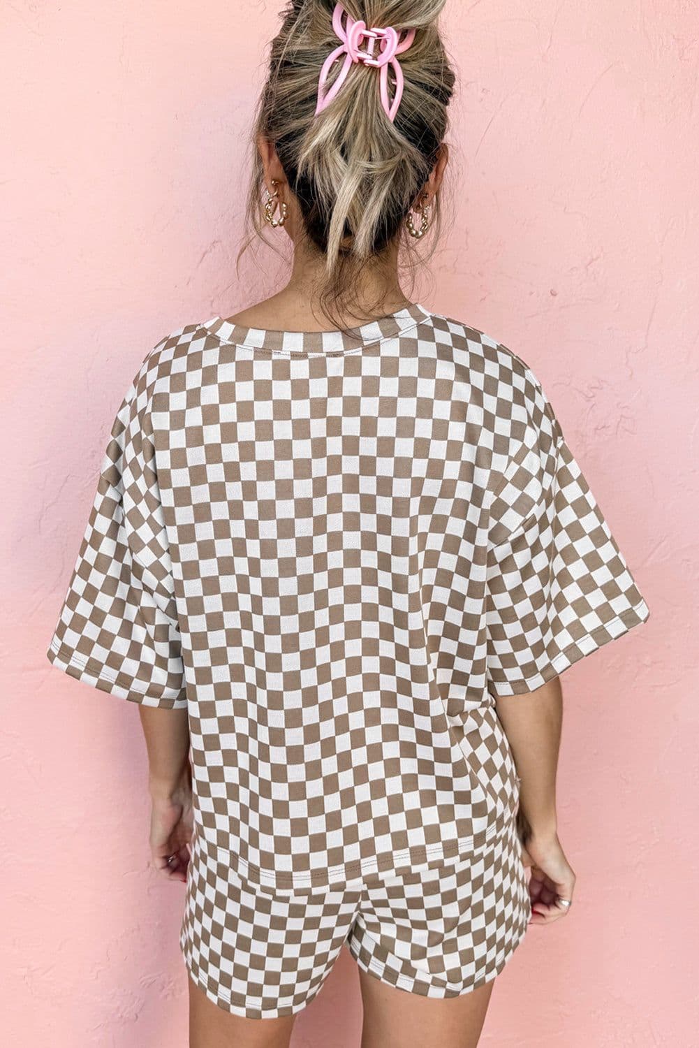 image-Black Checkered 2-Piece Set - Loose Tee and Shorts Casual Outfits