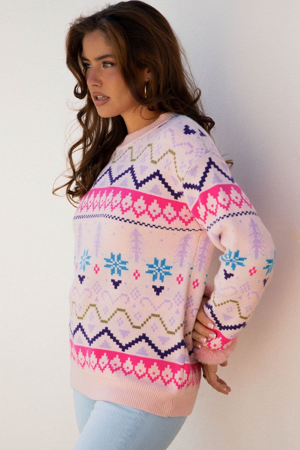 image-Multicolor Christmas Pattern Knit Sweater - Feather Cuff