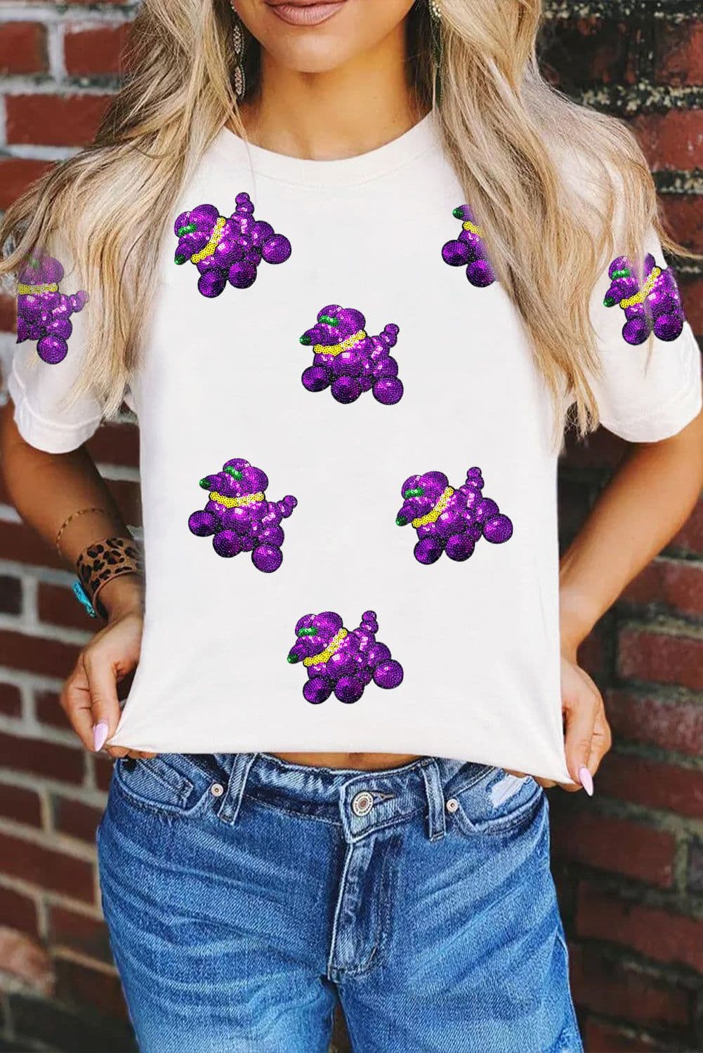 image-White Sequin Balloon Puppy Graphic Mardi Gras Tee