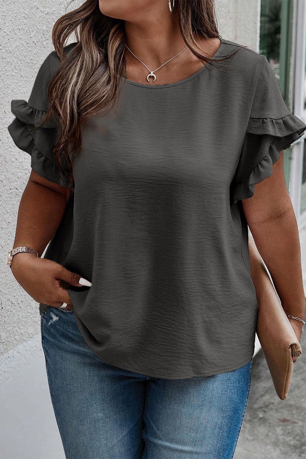 image-Bright Pink Ruffled Short Sleeve Plus Size Top
