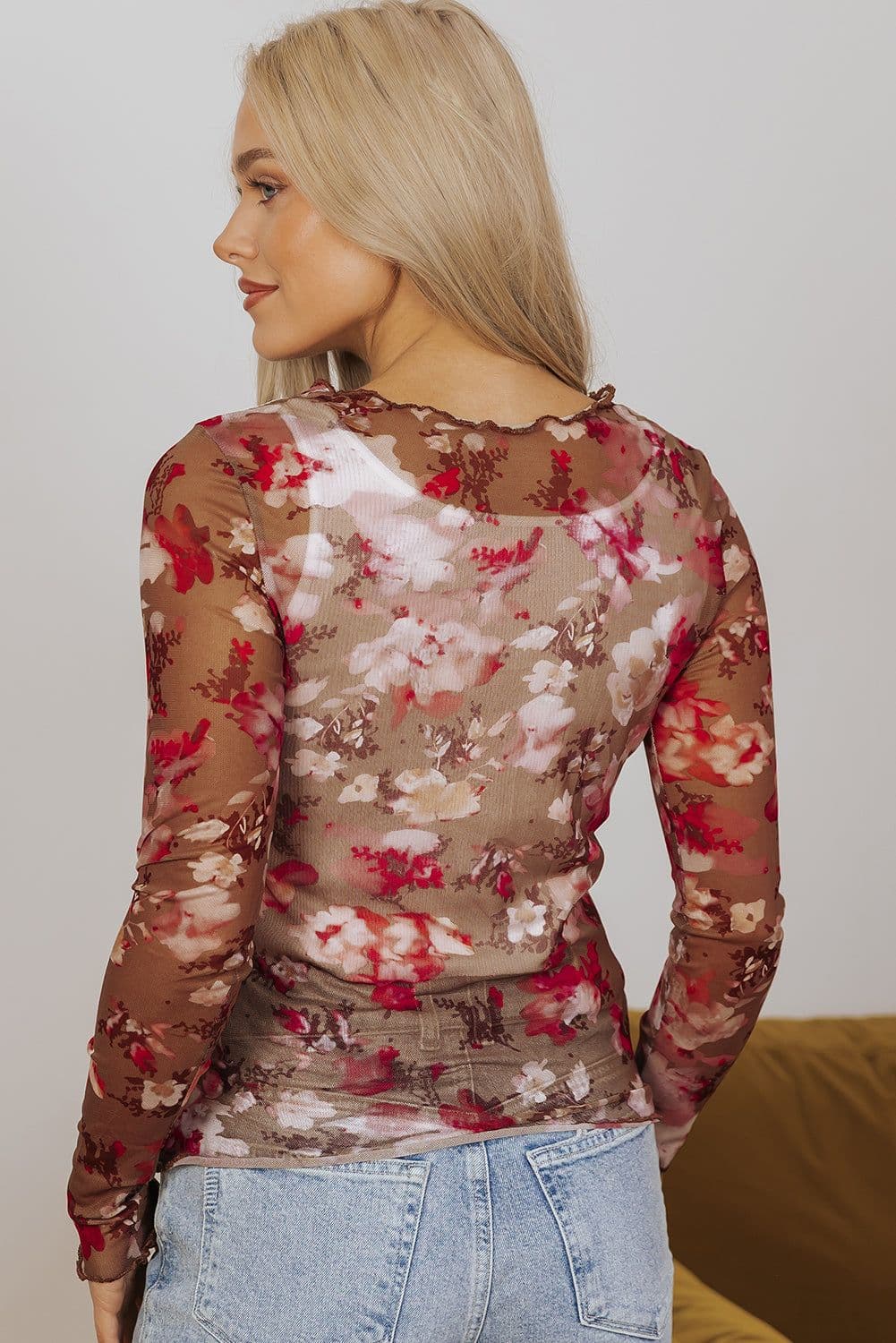 image-Floral Print Sheer Mesh Long Sleeve Top - XL Size
