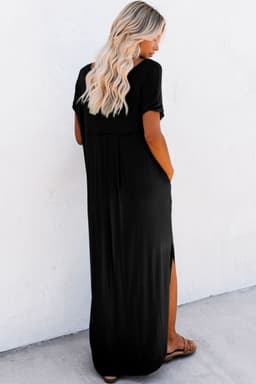 image-Black V Neck Splits Maxi T-shirt Dress, Lightweight, Breathable, S-XL