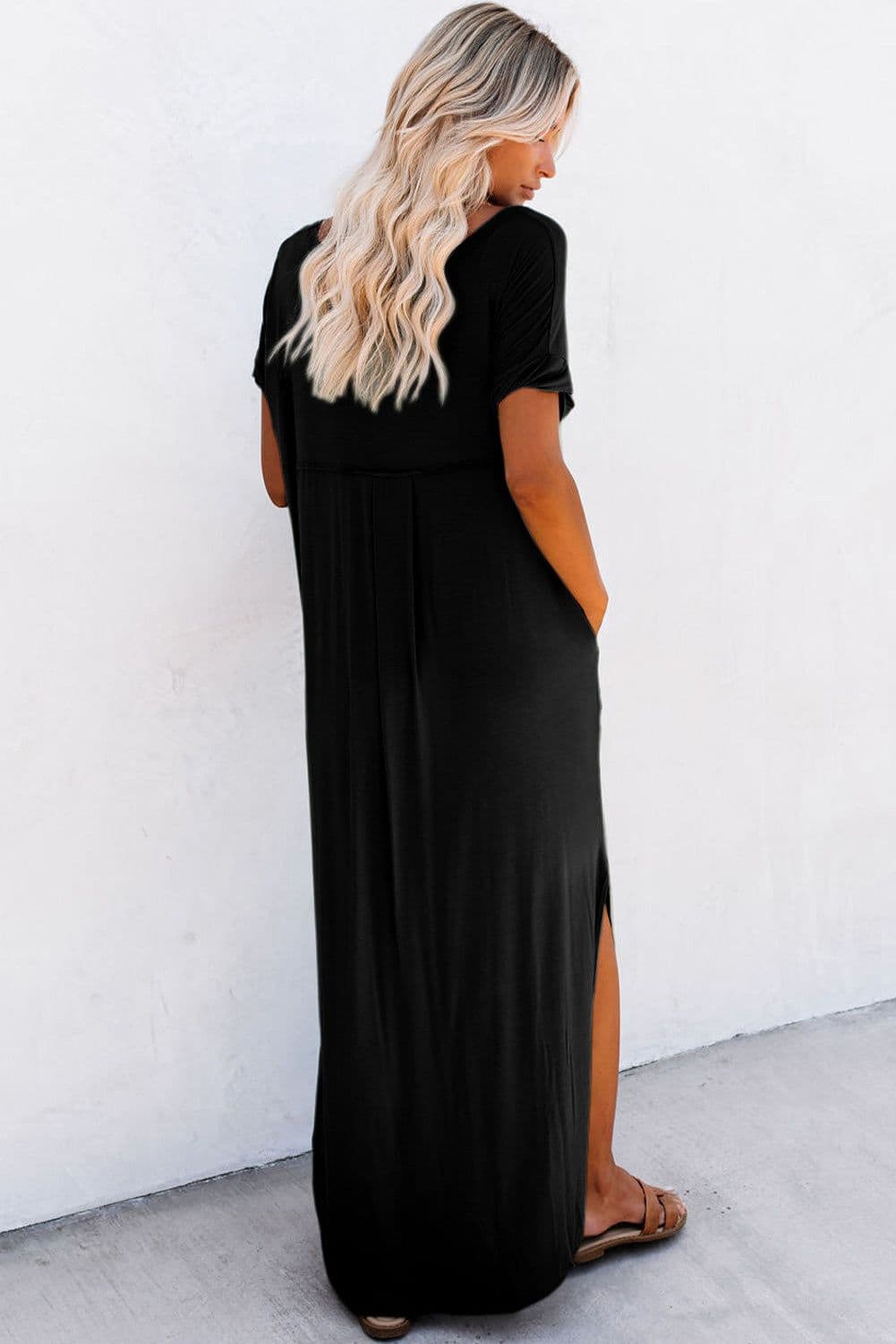 image-Black V Neck Splits Maxi T-shirt Dress, Lightweight, Breathable, S-XL