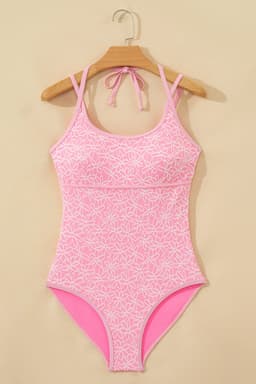 image-Pink Flower Texture Halterneck Spaghetti Straps Swimsuit
