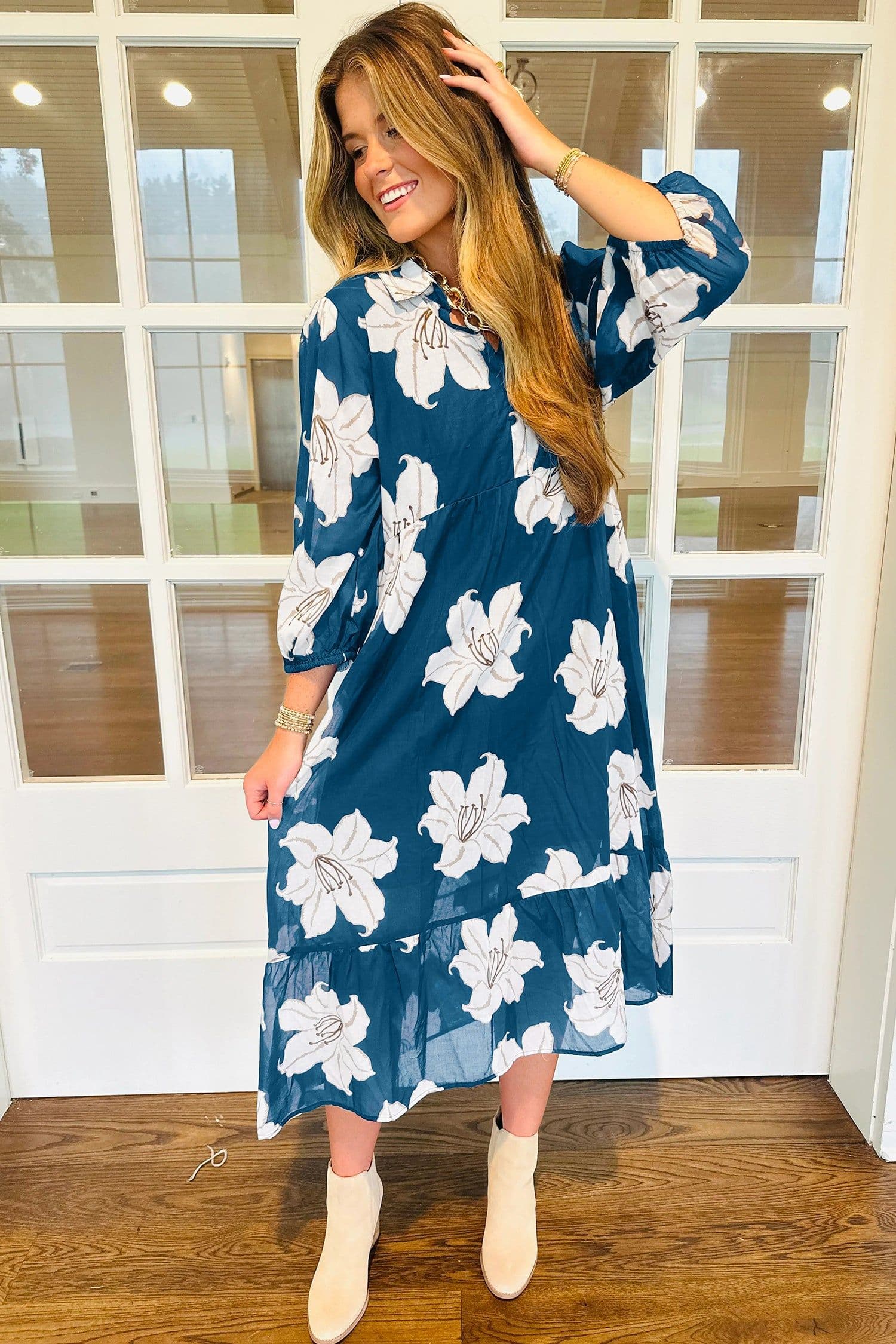 image-Blue Floral Print Shirt Collar V Neck 3/4 Sleeve Shift Midi Dress