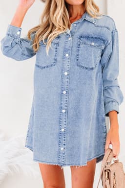 image-Blue Denim Shirt Dress Chest Pocket Raw Hem Loose