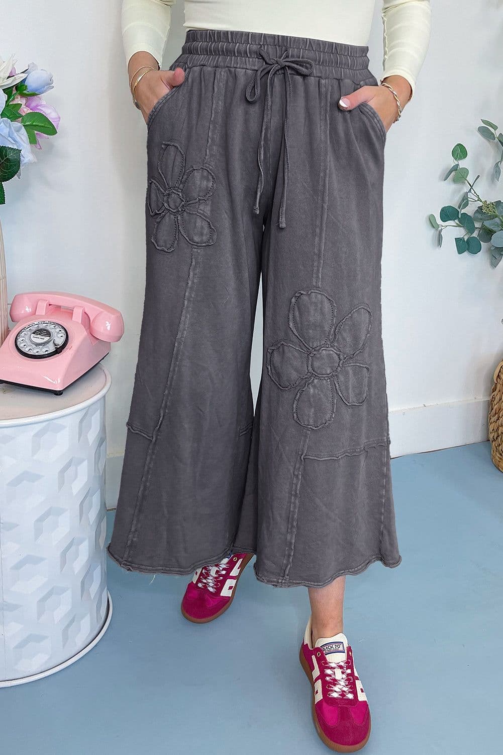 image-Buckskin Flower Patch Mineral Washed Cropped Wide Leg Pants
