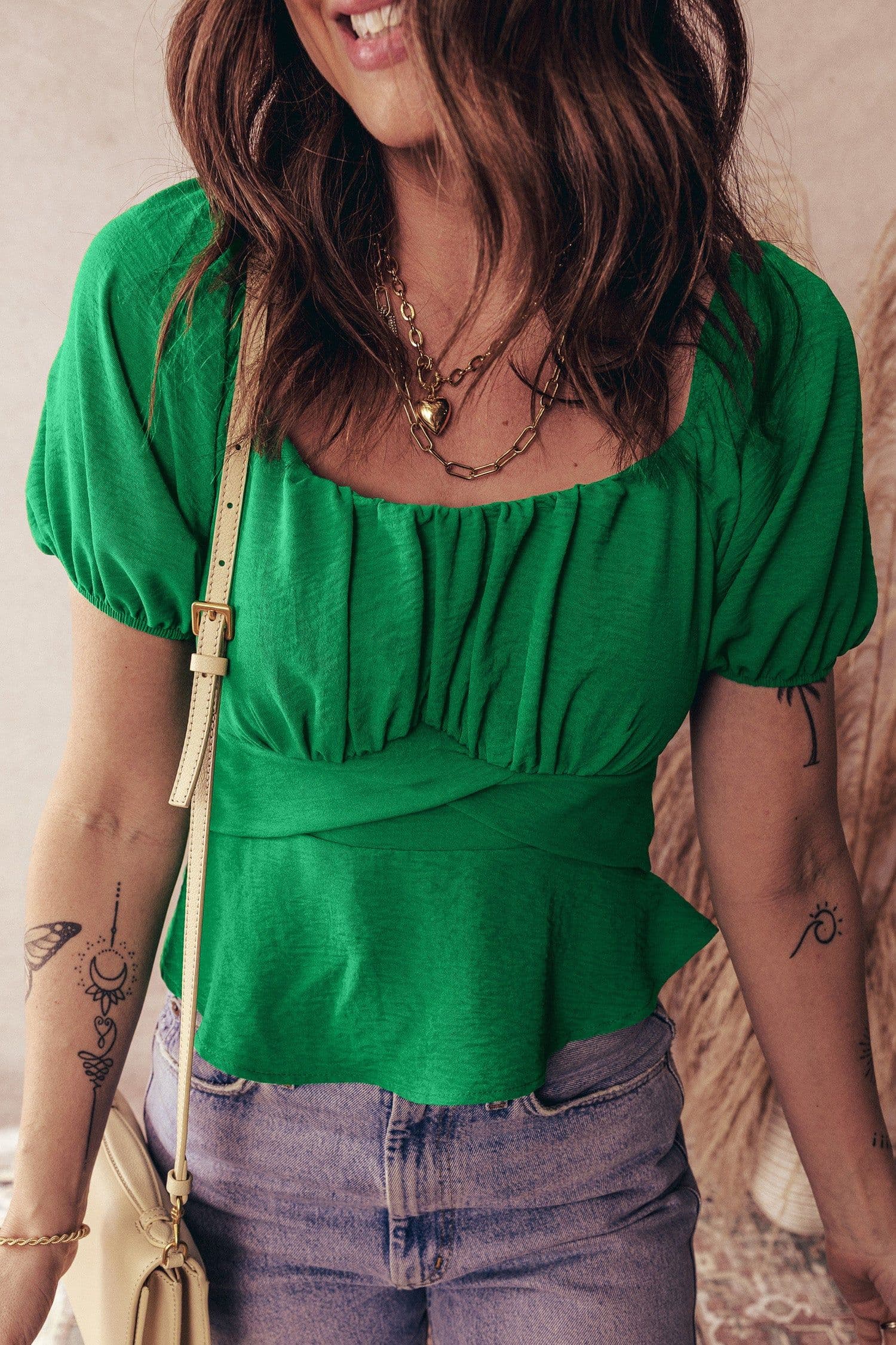 image-Dark Green Peplum Top - Ruched Waist Tied Back