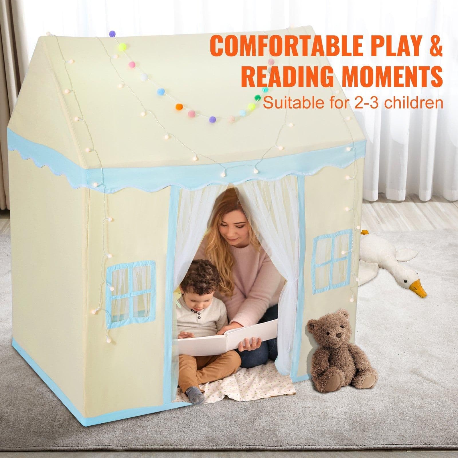 image-VEVOR Kids Play Tent, Kids Tent for Kids 1-5 Years Old, Toddler Tent with Mat and Tent Lamp, Tent for Kids with Windows for Indoor and Outdoor, Play House Castle Tent for Boys and Girls, Beige