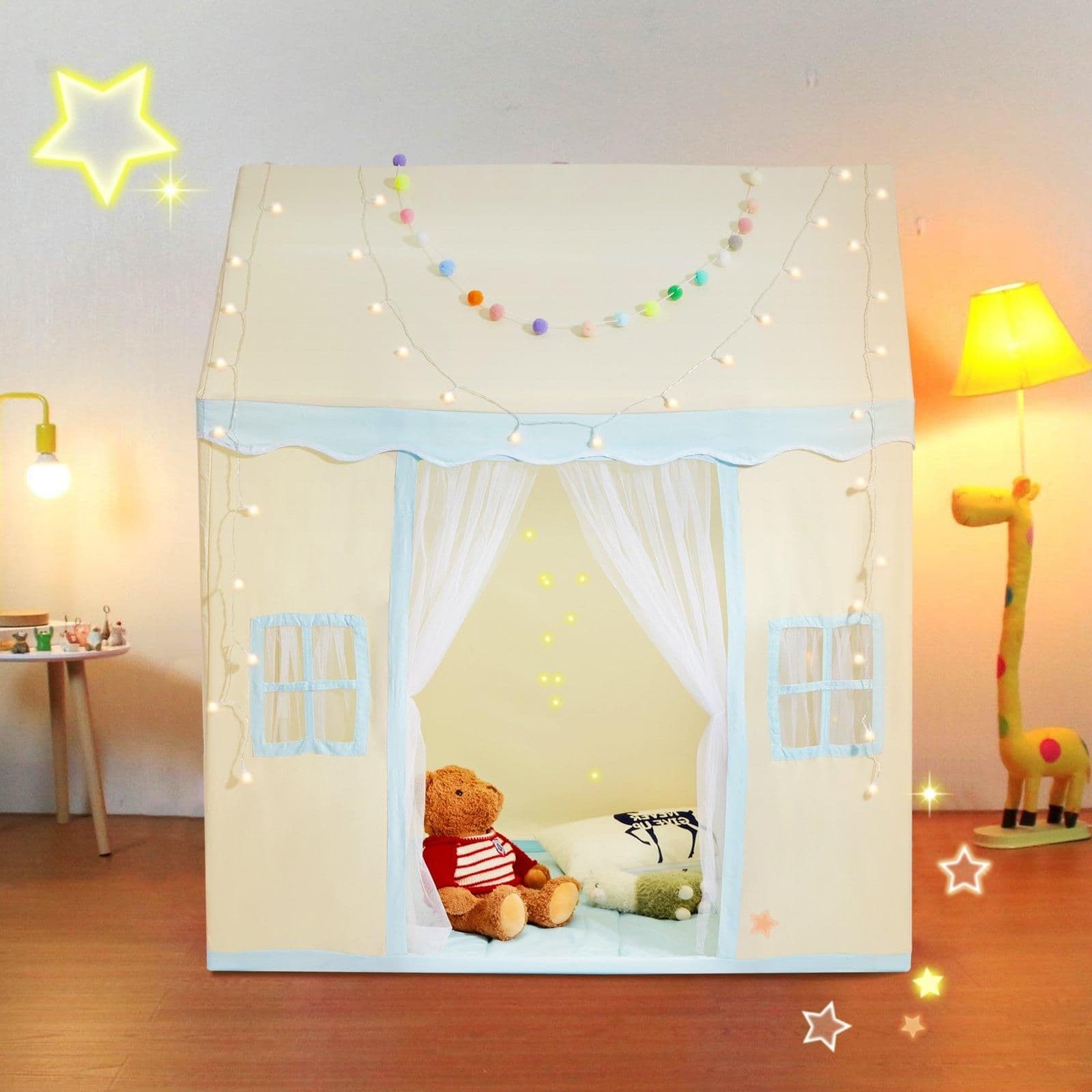 image-VEVOR Kids Play Tent, Kids Tent for Kids 1-5 Years Old, Toddler Tent with Mat and Tent Lamp, Tent for Kids with Windows for Indoor and Outdoor, Play House Castle Tent for Boys and Girls, Beige