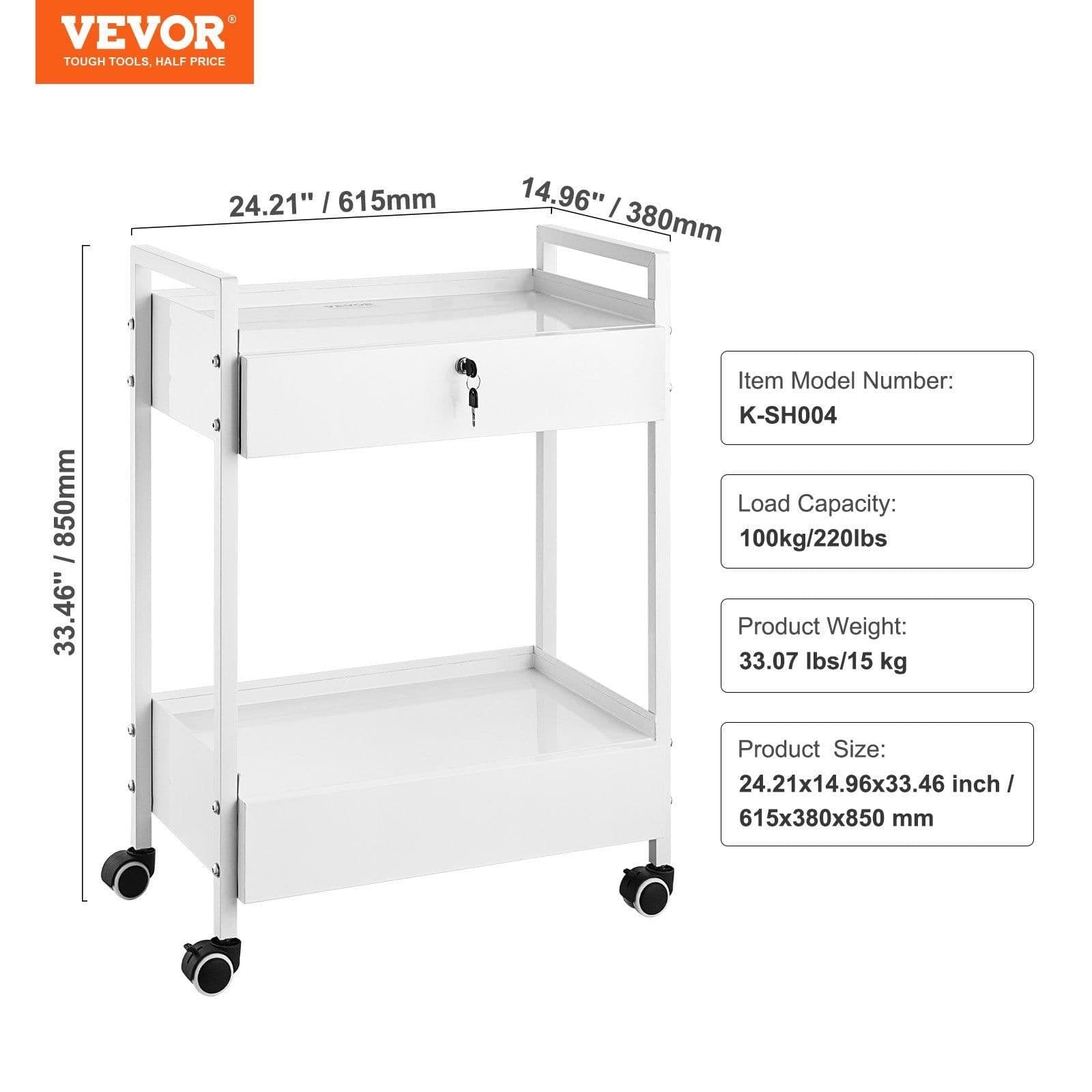 image-VEVOR Lab Cart, 2 Tiers Stainless Steel Utility Cart, Medical Cart with 2 Drawers, Rolling Lab Cart White Paint, Serving Cart with Swivel Casters for Laboratory, Hospital, Dental, Salon and Beauty