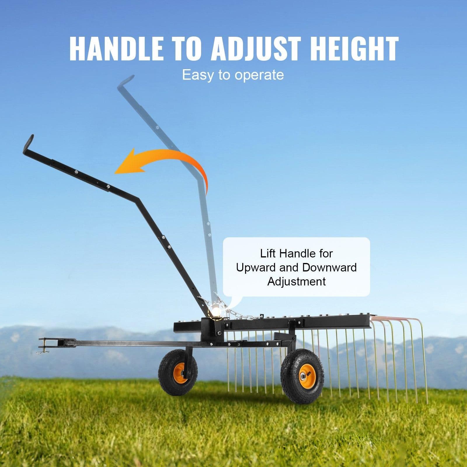 image-VEVOR Tow Behind Dethatcher, 60-inch Tow Dethatcher with 24 Steel Tines, Lawn Dethatcher Rake for ATV or Mower, Tow Behind Lawn Rake with Lift Handle for Leaves, Pine Needles, and Grass