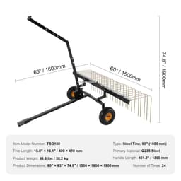 image-VEVOR Tow Behind Dethatcher, 60-inch Tow Dethatcher with 24 Steel Tines, Lawn Dethatcher Rake for ATV or Mower, Tow Behind Lawn Rake with Lift Handle for Leaves, Pine Needles, and Grass