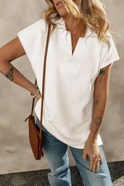 image-White Textured V Neck Collared Short Sleeve Top