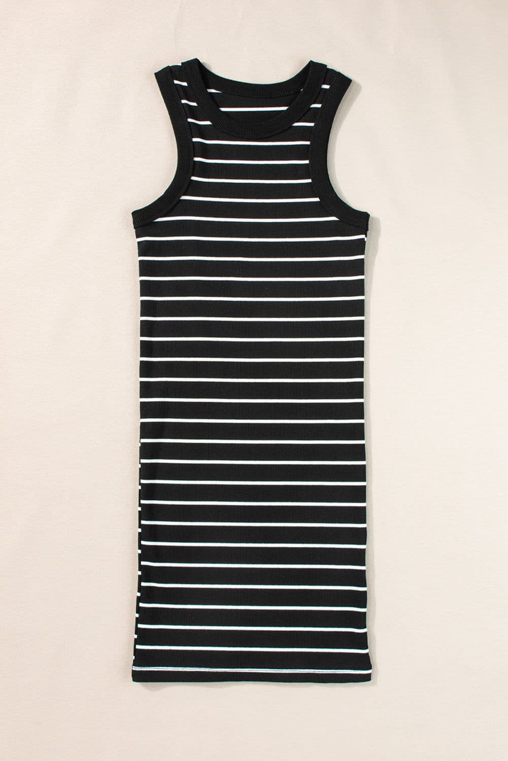image-Black Stripe Ribbed Knit Mini Dress - Chic Silhouette, Sleeveless