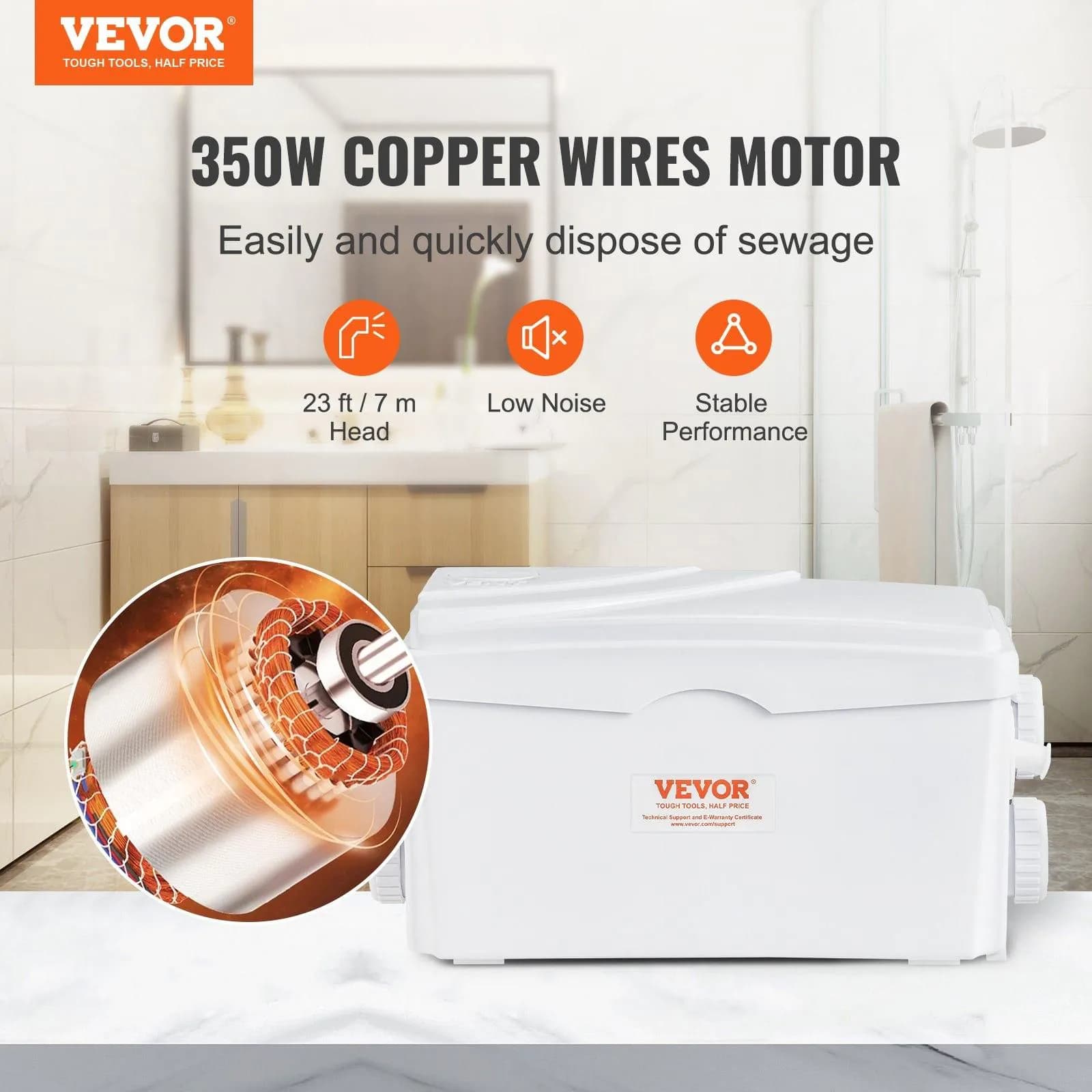 image-VEVOR Macerator Pump, 350W, 6000 L/h Flow, 23 ft/7 m Head, Macerator Sewerage Sump Pump with 3 Water Inlets for Basement, Kitchen, Sink, Shower, Bathtub, Laundry Waste Water Disposal Upflush Machine