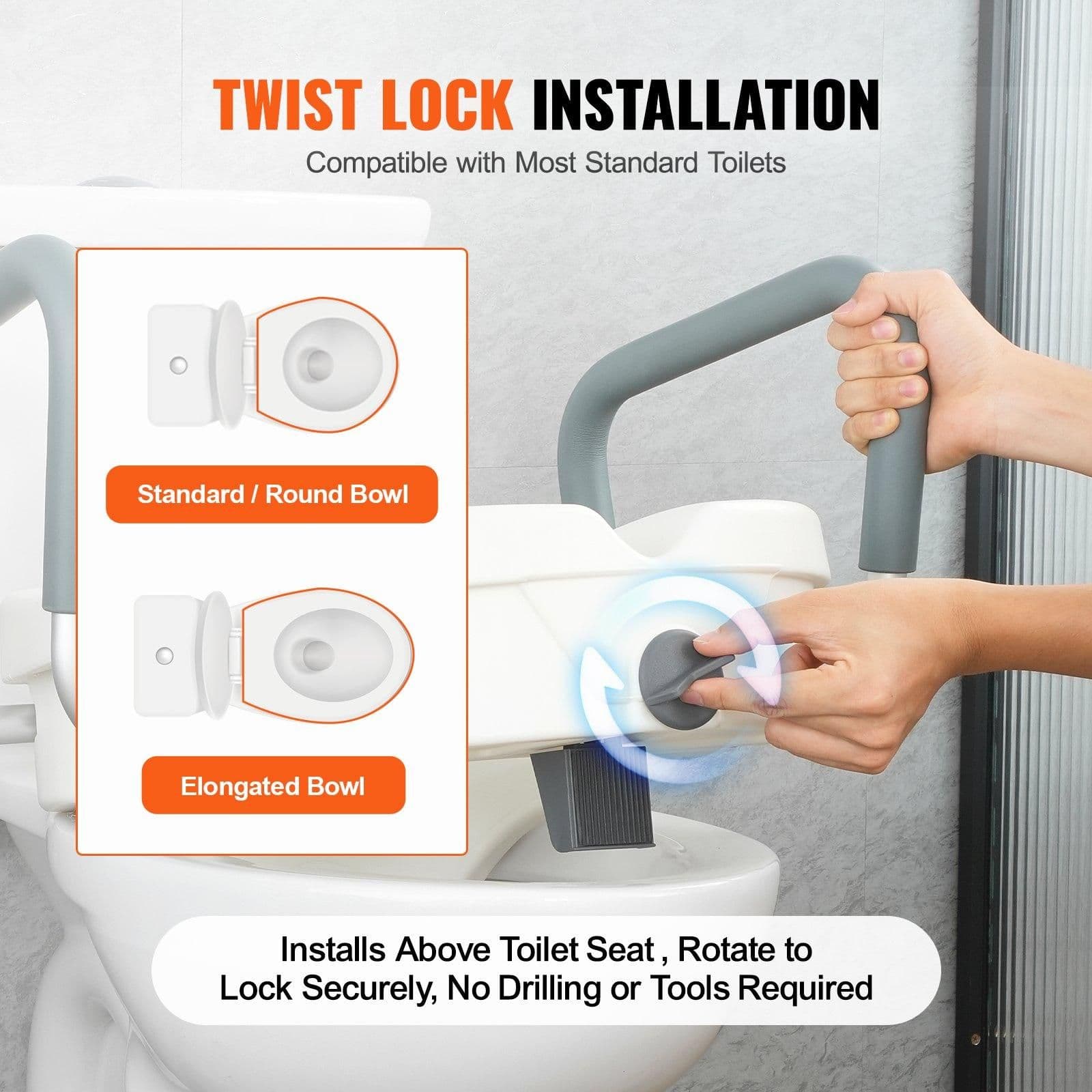 image-VEVOR Raised Toilet Seat, 5" Height Raised, 350 lbs Weight Capacity, for Round and Elongated Toilet, Twist Lock Installation,19.1" - 21.7" Adjustable Width, for Elderly, Handicap, Patient, Pregnant, M