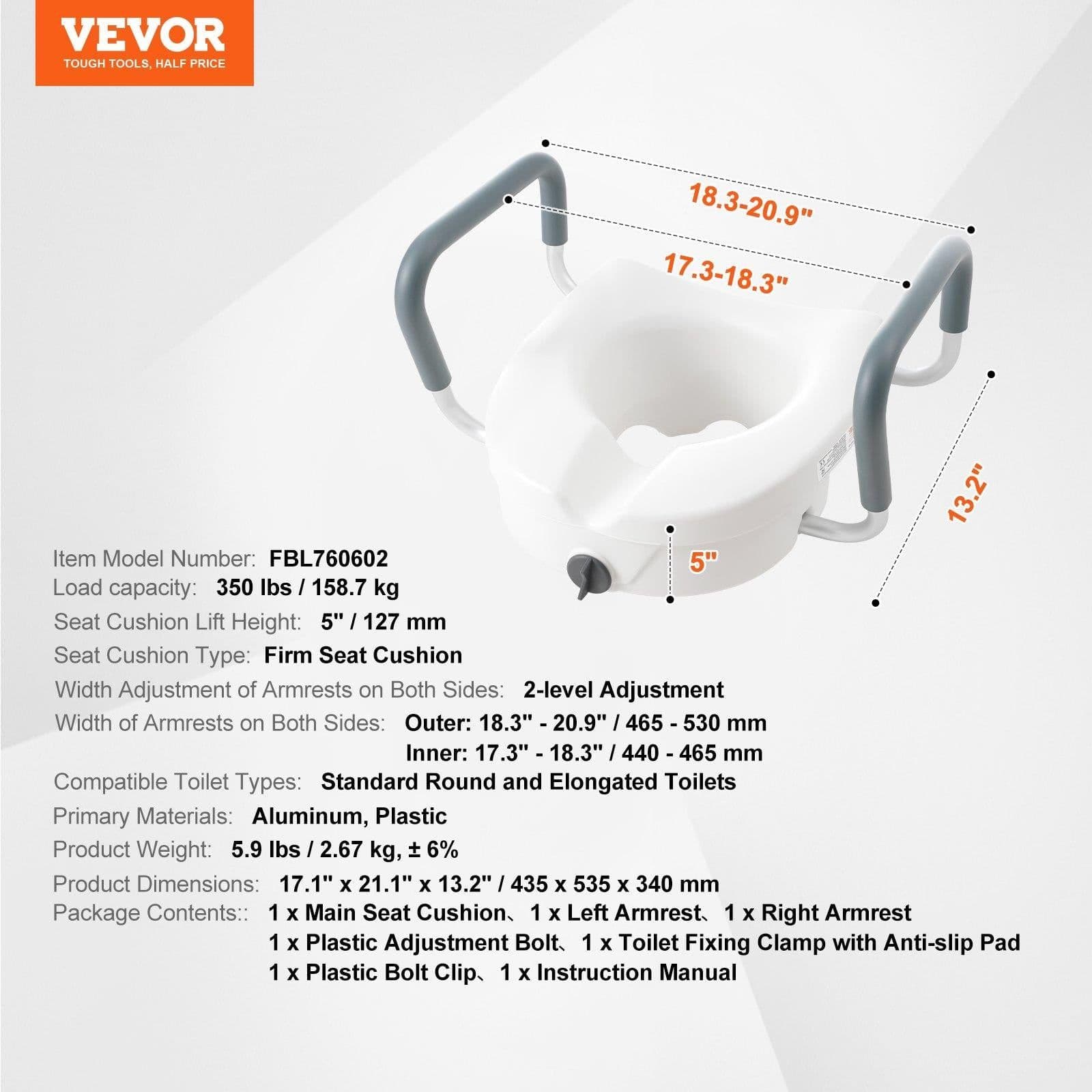 image-VEVOR Raised Toilet Seat, 5" Height Raised, 350 lbs Weight Capacity, for Round and Elongated Toilet, Twist Lock Installation,19.1" - 21.7" Adjustable Width, for Elderly, Handicap, Patient, Pregnant, M