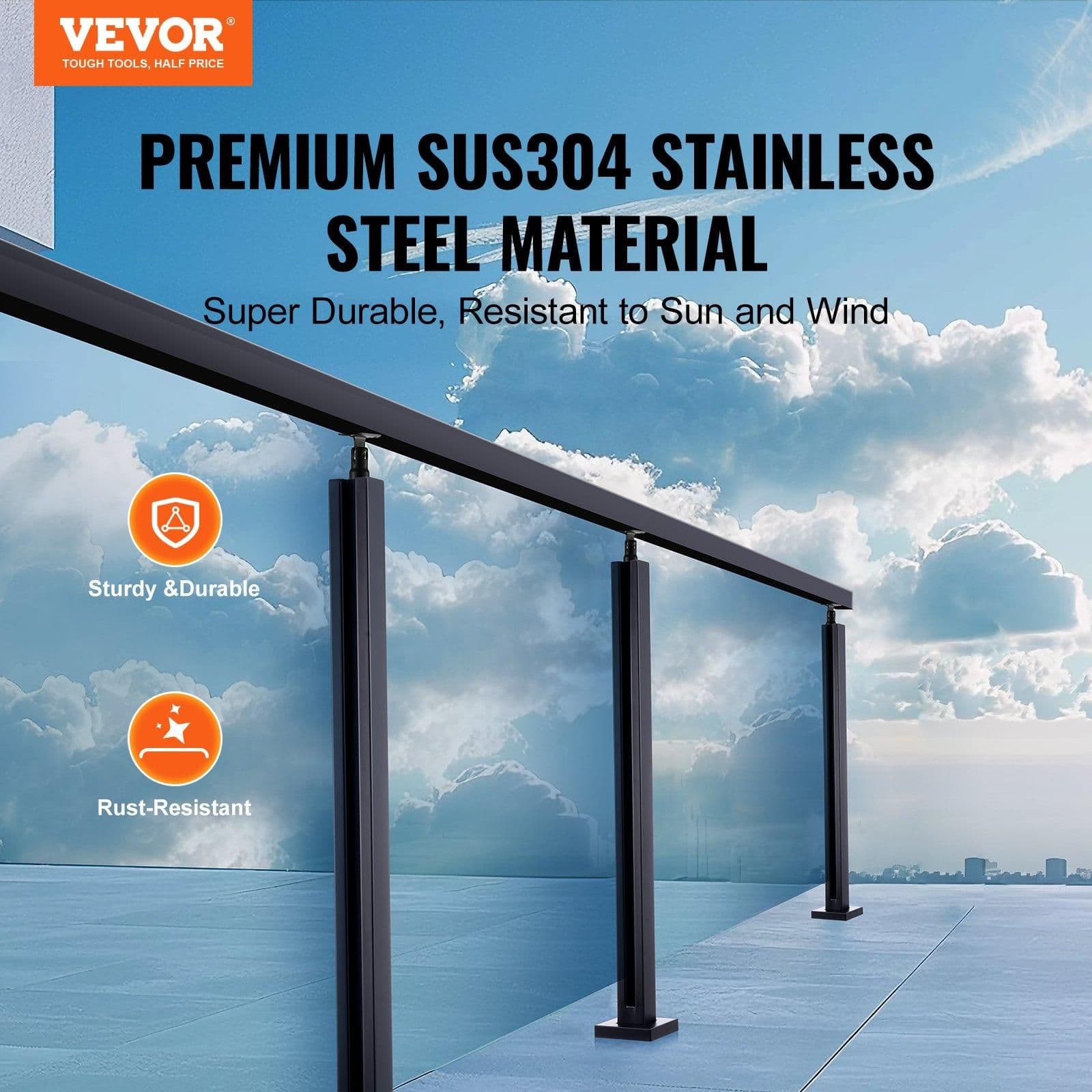 image-VEVOR Glass Clamp, 35.83" Height Glass Railing Bracket for 0.39 "-0.47 " Thickness Tempered Glass, 304 Stainless Steel Glass Mounting Clamp, Glass Shelf Bracket for Balcony, Garden, Deck, Stair, Black