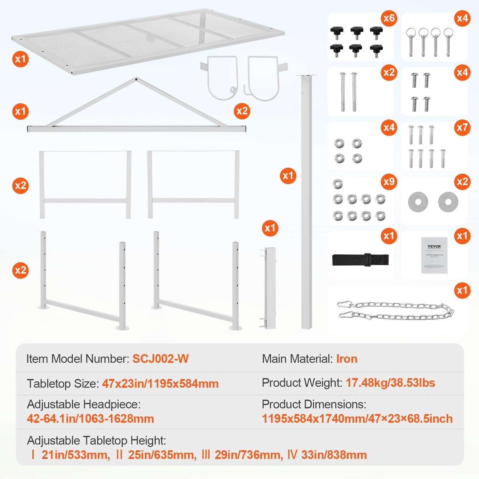 image-VEVOR Goat & Sheep Stand, 47x23 inch Livestock Stand, Metal Livestock Milking and Shearing Stand 21" to 33" Adjustable Height, with Headpiece and Nose Loop, 500lbs Loading Weight, White