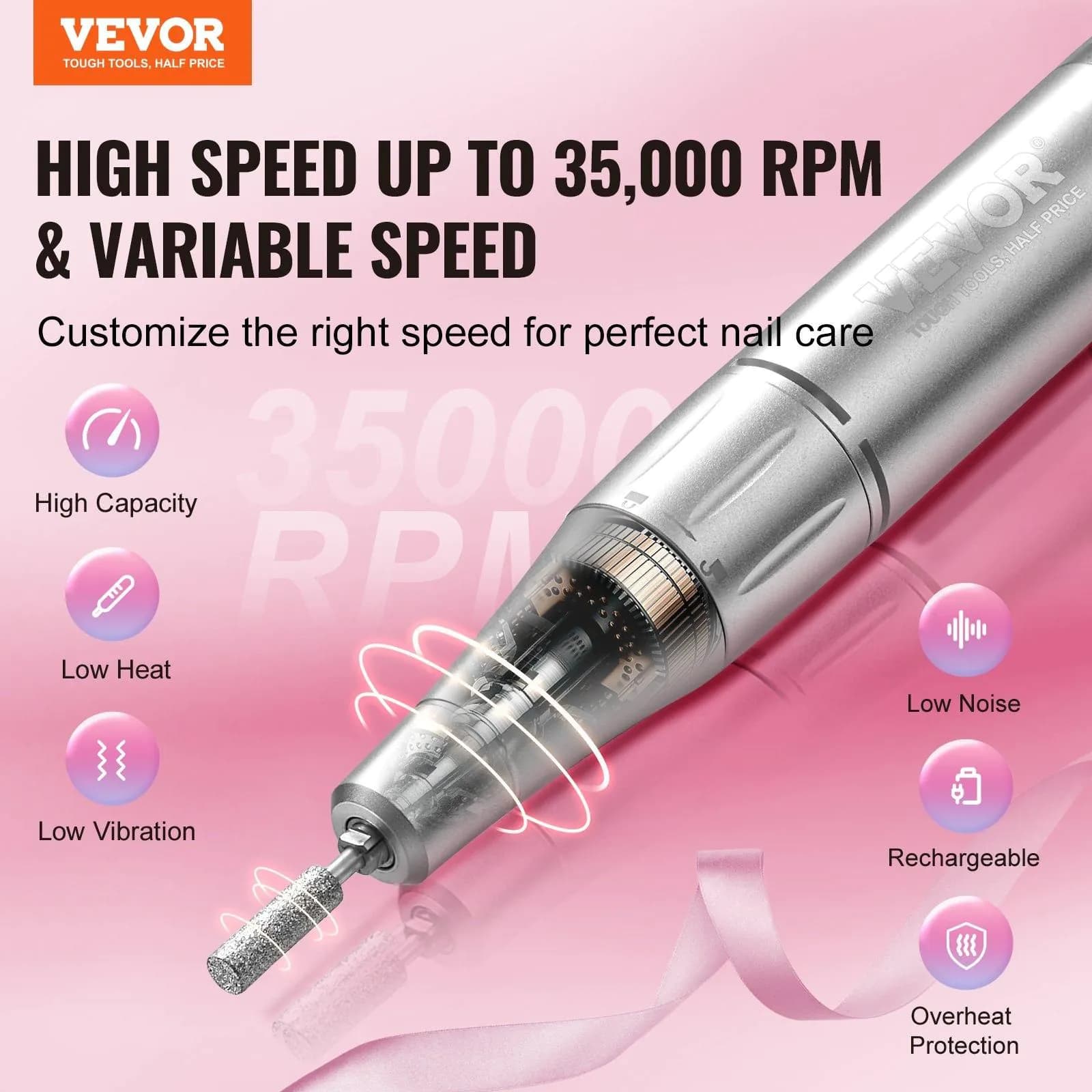 image-VEVOR Electric Rechargeable Nail Drill, 35,000RPM Portable Cordless Nail E File Machine, LCD-Display Acrylic Gel Grinder Tool with 6 Bits and 50PCS Sanding Bands for Manicure Pedicure Carve Polish