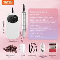 image-VEVOR Electric Rechargeable Nail Drill, 35,000RPM Portable Cordless Nail E File Machine, LCD-Display Acrylic Gel Grinder Tool with 6 Bits and 50PCS Sanding Bands for Manicure Pedicure Carve Polish