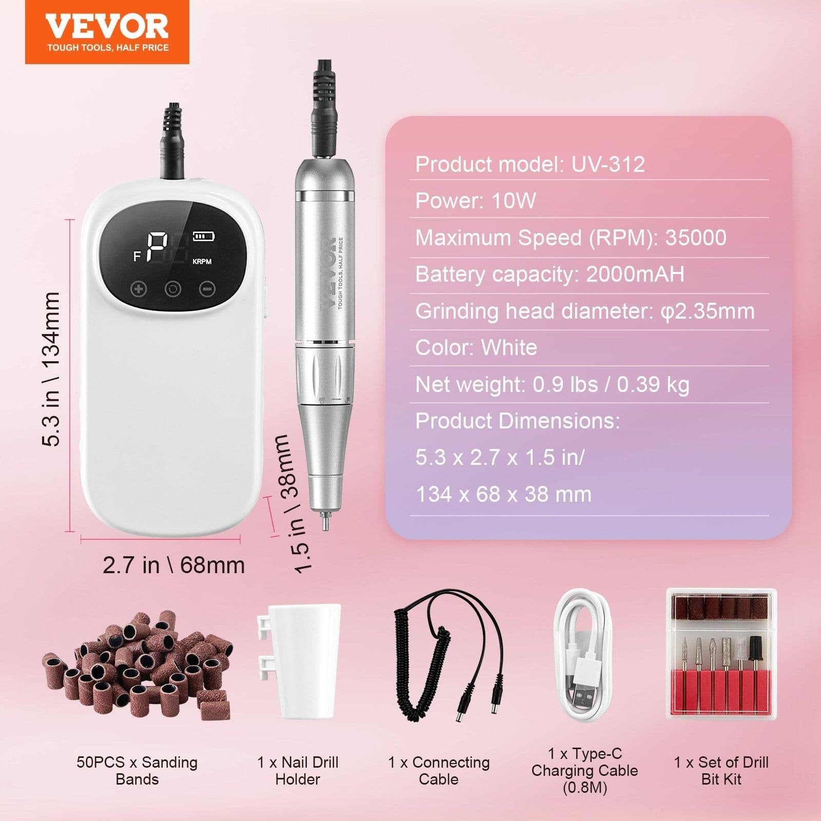 image-VEVOR Electric Rechargeable Nail Drill, 35,000RPM Portable Cordless Nail E File Machine, LCD-Display Acrylic Gel Grinder Tool with 6 Bits and 50PCS Sanding Bands for Manicure Pedicure Carve Polish