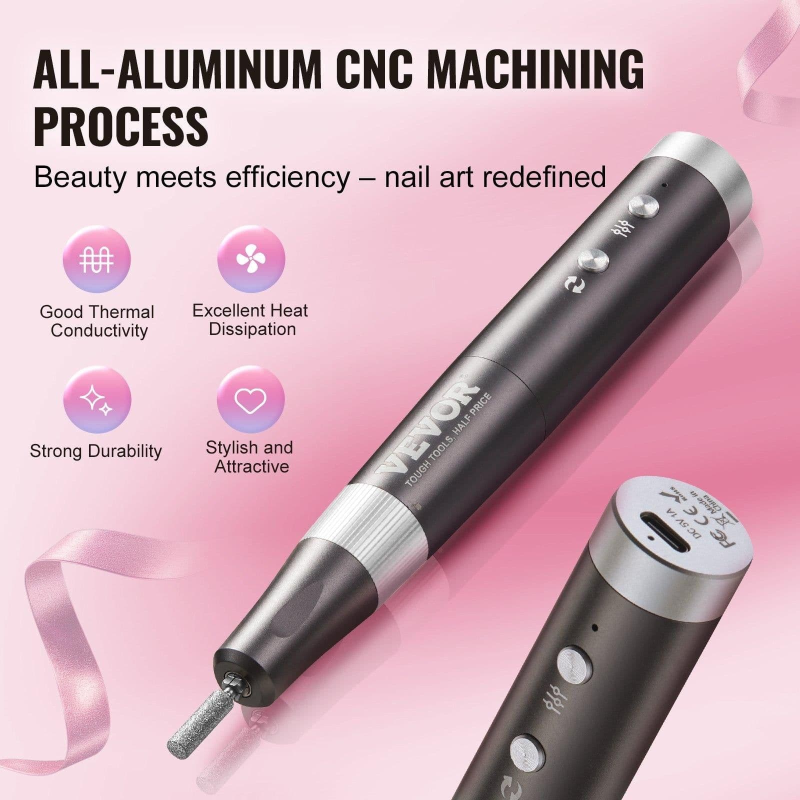 image-VEVOR Electric Cordless Nail Drill, 30,000RPM Variable-Speed Rechargeable Nail E File Machine, Portable Manicure Pedicure Polisher with 50PCS Sanding Bands for Dead Skin Removal, Nail Surface Smooth