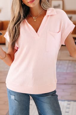 image-Light Pink Collared V Neck Ribbed Tee