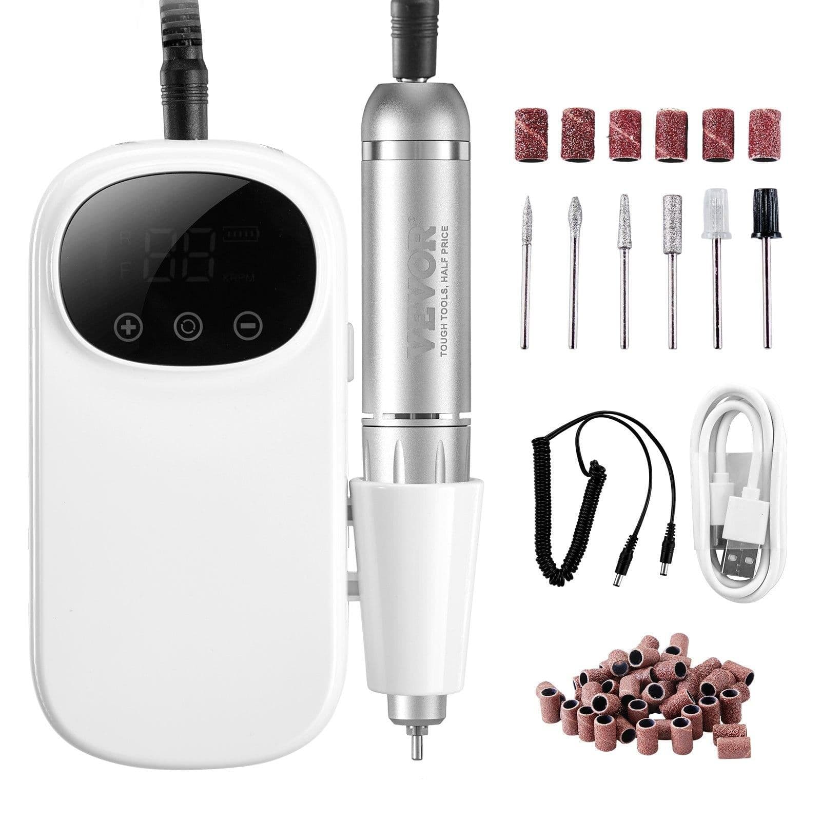 image-VEVOR Electric Rechargeable Nail Drill, 35,000RPM Portable Cordless Nail E File Machine, LCD-Display Acrylic Gel Grinder Tool with 6 Bits and 50PCS Sanding Bands for Manicure Pedicure Carve Polish