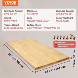 image-VEVOR Wood Table Top, Holds up to 330 lb, 29.5" x 23.6" x 1.5" Rectangular Countertop for Height Adjustable Electric Standing Desk Frame, Universal Solid One-Piece Maple Desktop for Office & Home Desk