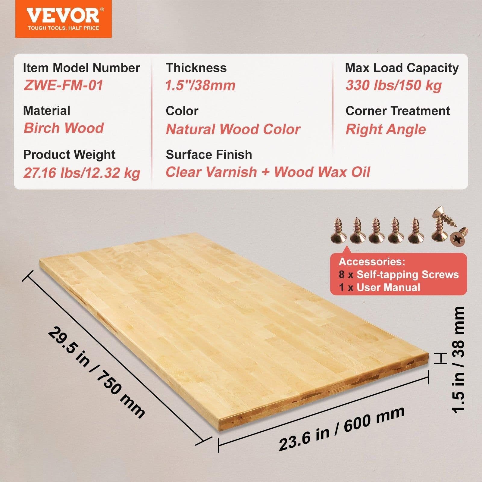 image-VEVOR Wood Table Top, Holds up to 330 lb, 29.5" x 23.6" x 1.5" Rectangular Countertop for Height Adjustable Electric Standing Desk Frame, Universal Solid One-Piece Maple Desktop for Office & Home Desk
