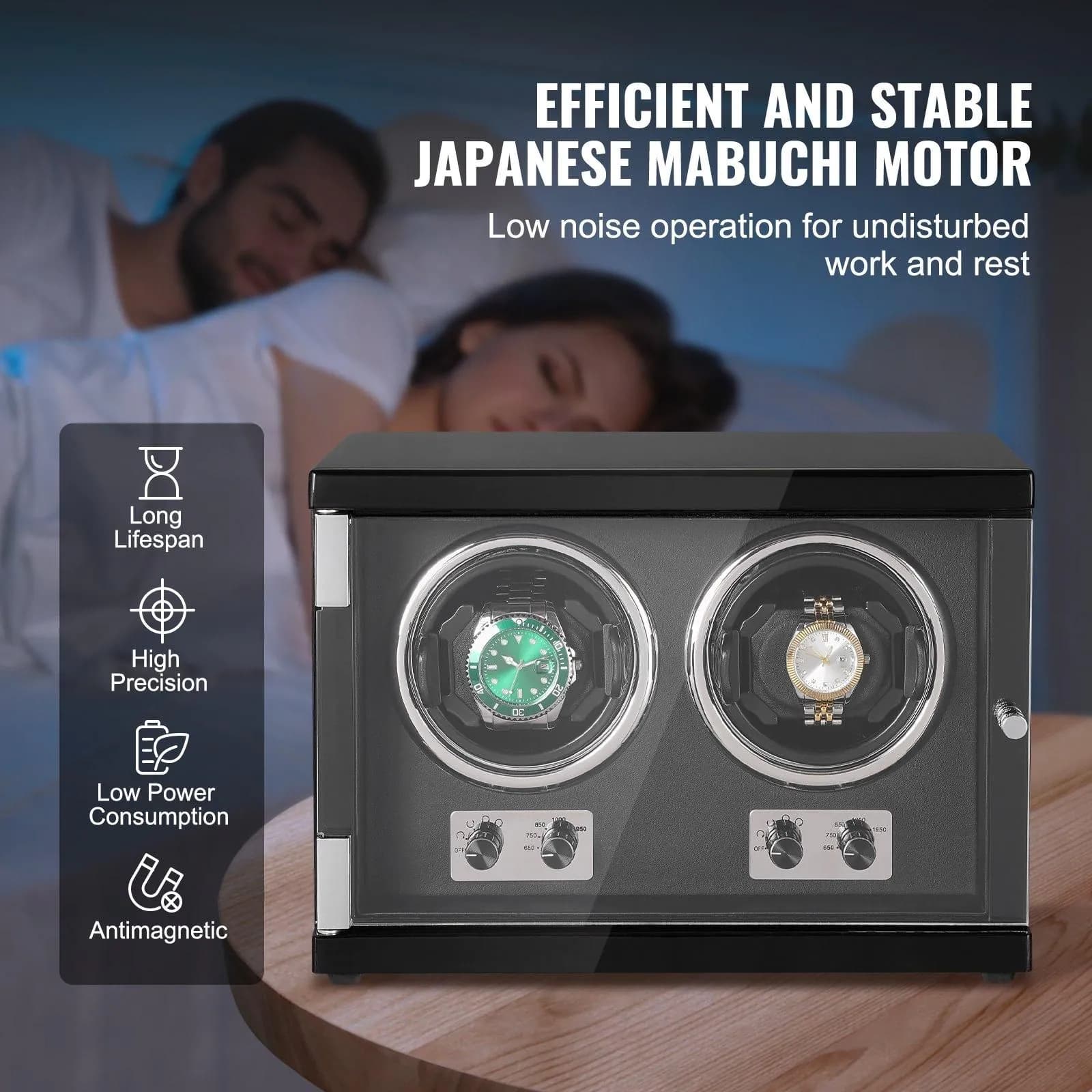 image-VEVOR Watch Winder, Dual Watch Winder for Men's and Women's Automatic Watch, with 2 Super Quiet Japanese Mabuchi Motors, Blue LED Light and Adapter, High-Density Board Shell and Black PU