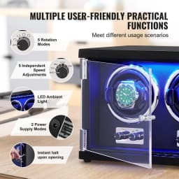 image-VEVOR Watch Winder, Dual Watch Winder for Men's and Women's Automatic Watch, with 2 Super Quiet Japanese Mabuchi Motors, Blue LED Light and Adapter, High-Density Board Shell and Black PU