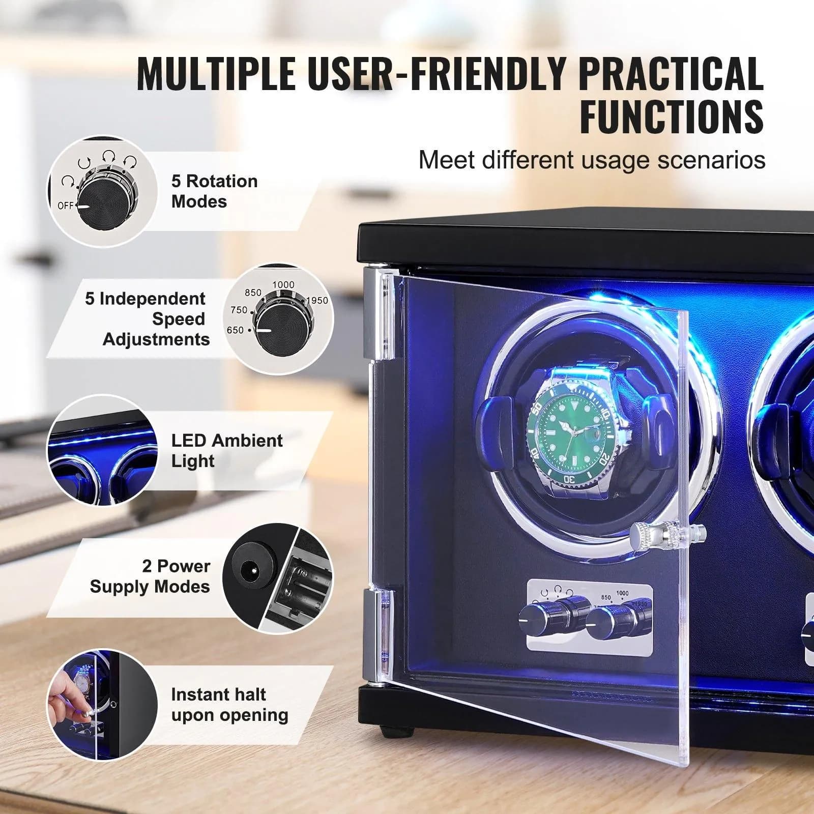 image-VEVOR Watch Winder, Dual Watch Winder for Men's and Women's Automatic Watch, with 2 Super Quiet Japanese Mabuchi Motors, Blue LED Light and Adapter, High-Density Board Shell and Black PU