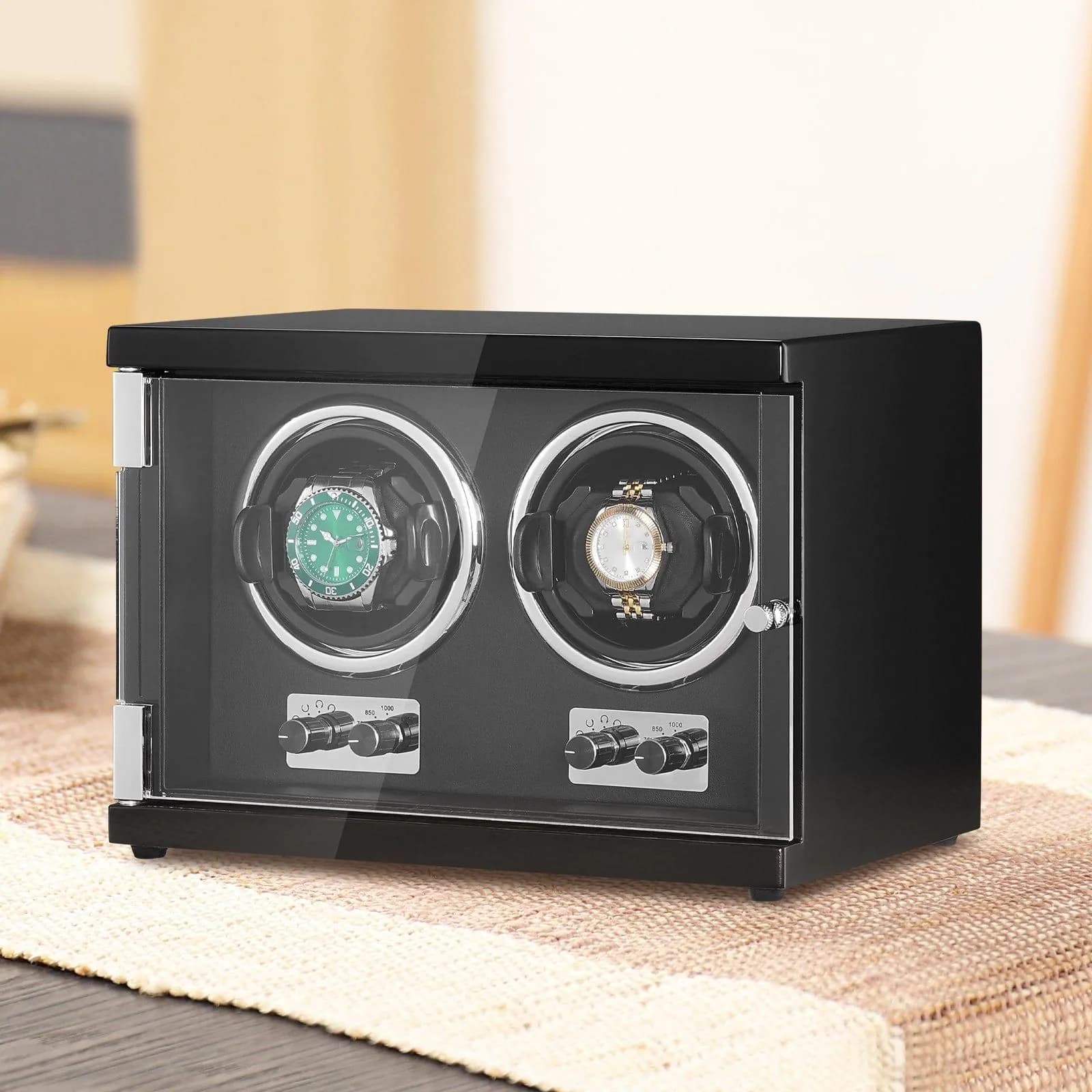 image-VEVOR Watch Winder, Dual Watch Winder for Men's and Women's Automatic Watch, with 2 Super Quiet Japanese Mabuchi Motors, Blue LED Light and Adapter, High-Density Board Shell and Black PU