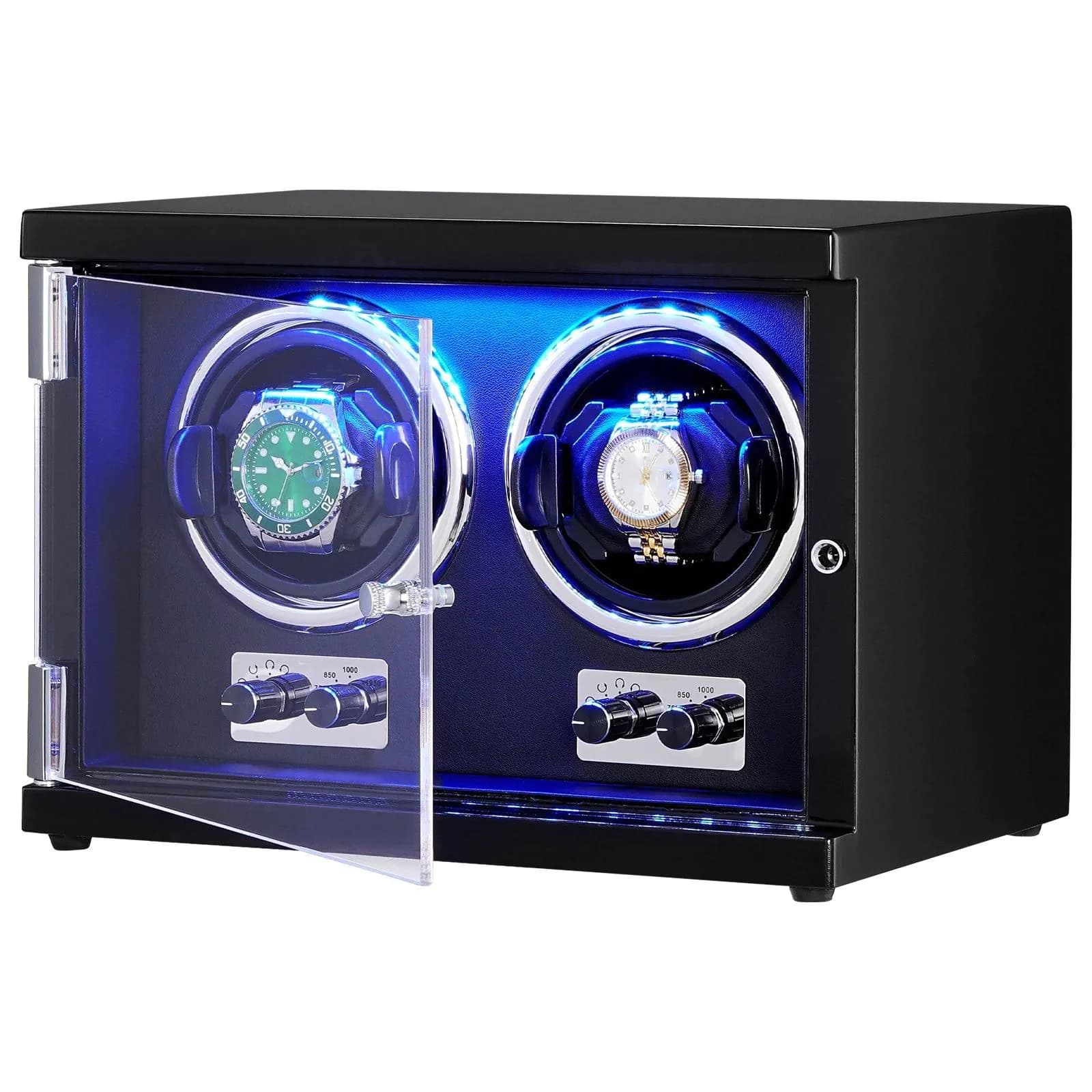 image-VEVOR Watch Winder, Dual Watch Winder for Men's and Women's Automatic Watch, with 2 Super Quiet Japanese Mabuchi Motors, Blue LED Light and Adapter, High-Density Board Shell and Black PU