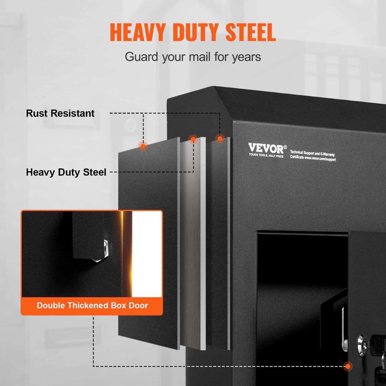 image-VEVOR Through The Door Key Drop Box, Heavy Duty Steel Through the Door Mailbox with 1.8" 12" Key Lock, 12x6x16" Mail Drop Box, Black