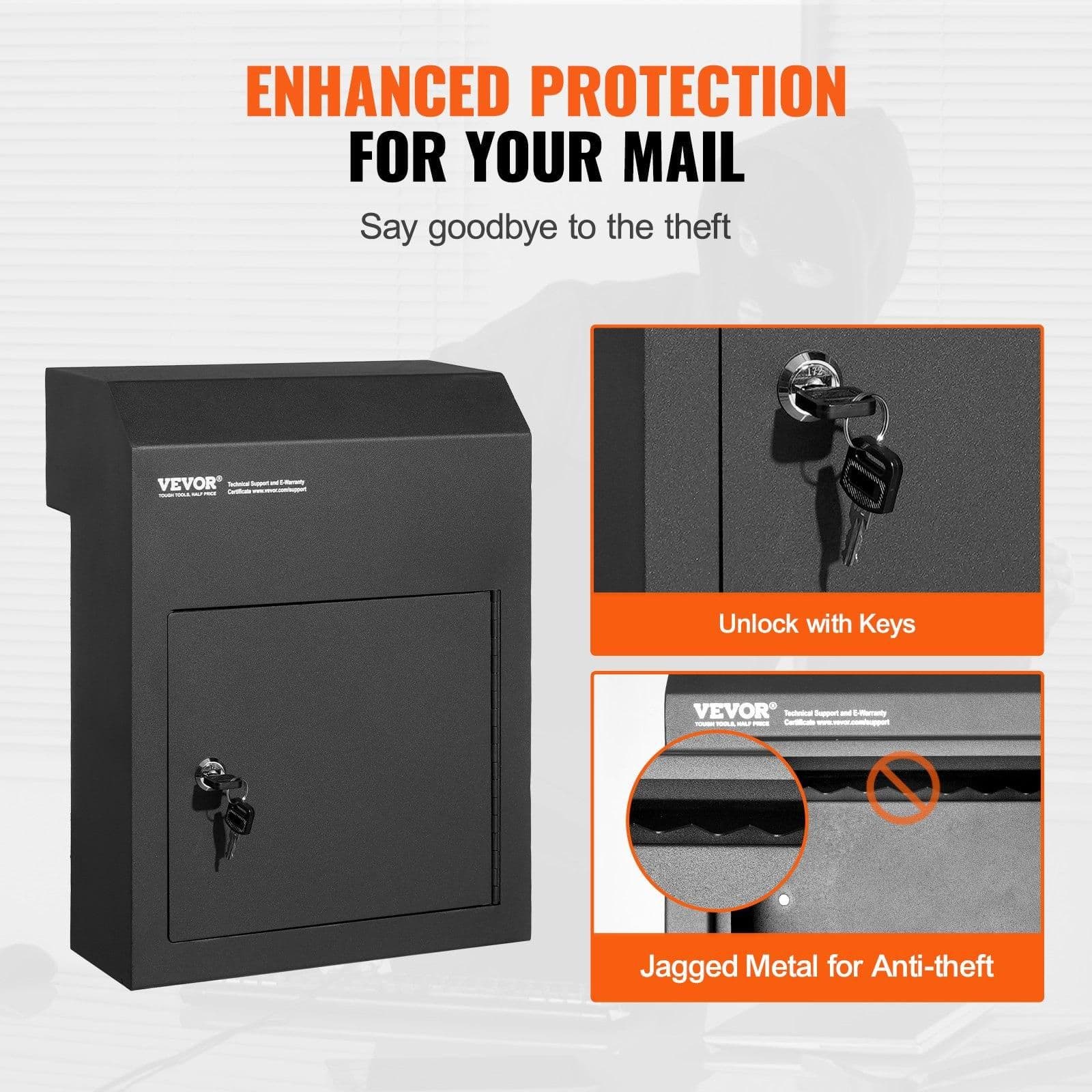 image-VEVOR Through The Door Key Drop Box, Heavy Duty Steel Through the Door Mailbox with 1.8" 12" Key Lock, 12x6x16" Mail Drop Box, Black