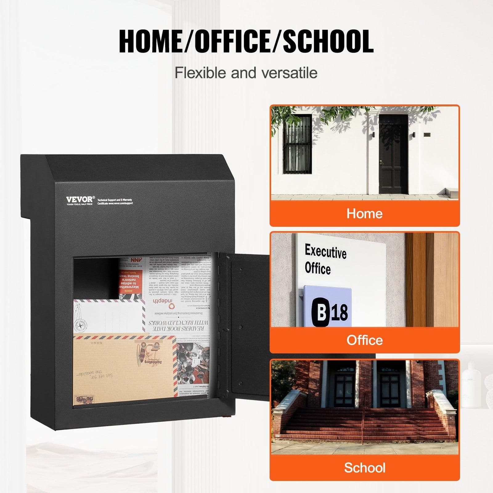 image-VEVOR Through The Door Key Drop Box, Heavy Duty Steel Through the Door Mailbox with 1.8" 12" Key Lock, 12x6x16" Mail Drop Box, Black