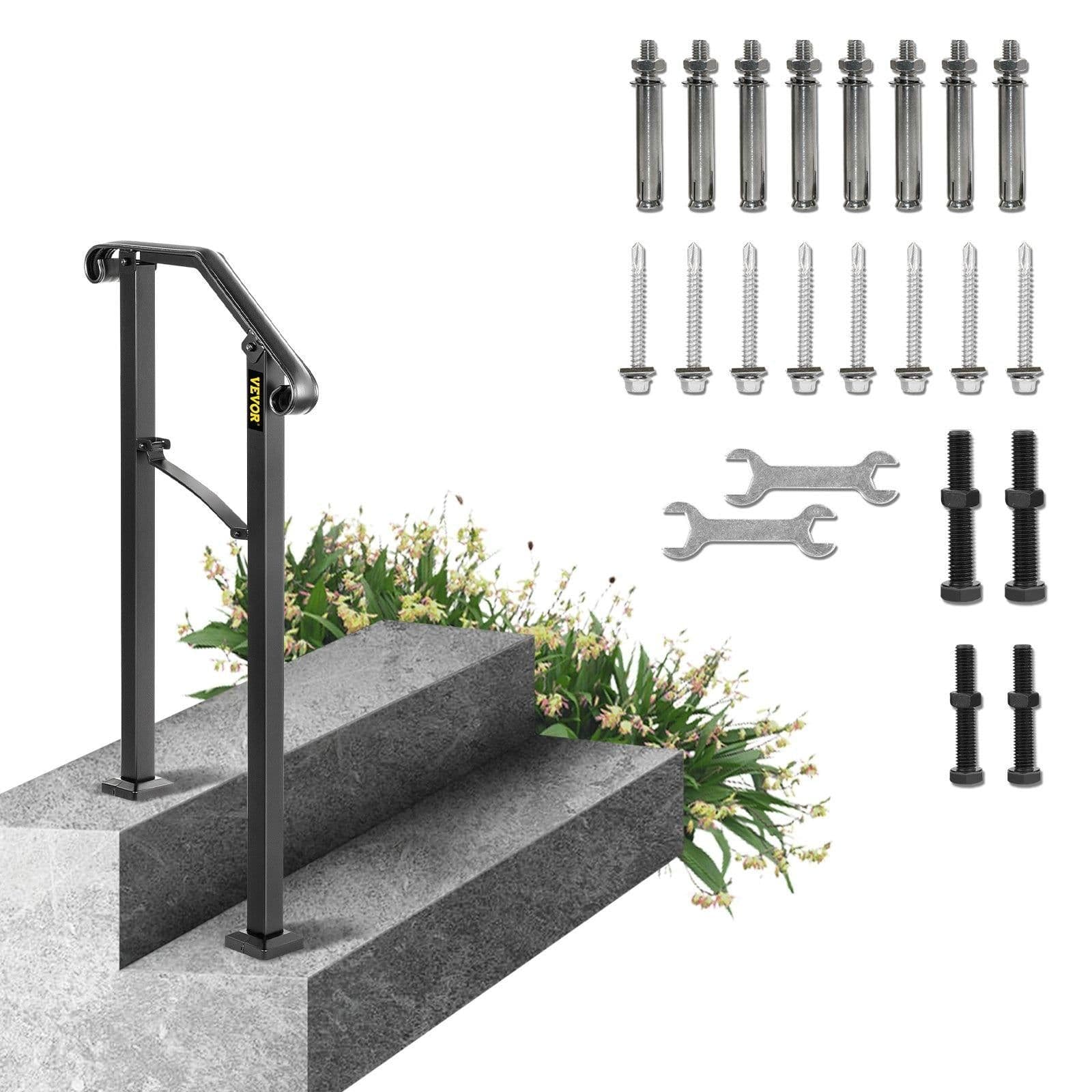 image-VEVOR Handrails for Outdoor Steps, Fit 1 or 2 Steps Outdoor Stair Railing, Arch#1 Wrought Iron Handrail, Flexible Porch Railing, Black Transitional Handrails for Concrete Steps or Wooden Stairs