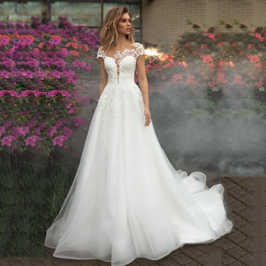 image-Wedding Dresses Vertigo De Novia Short Sleeves Scoop Neck Illusion
