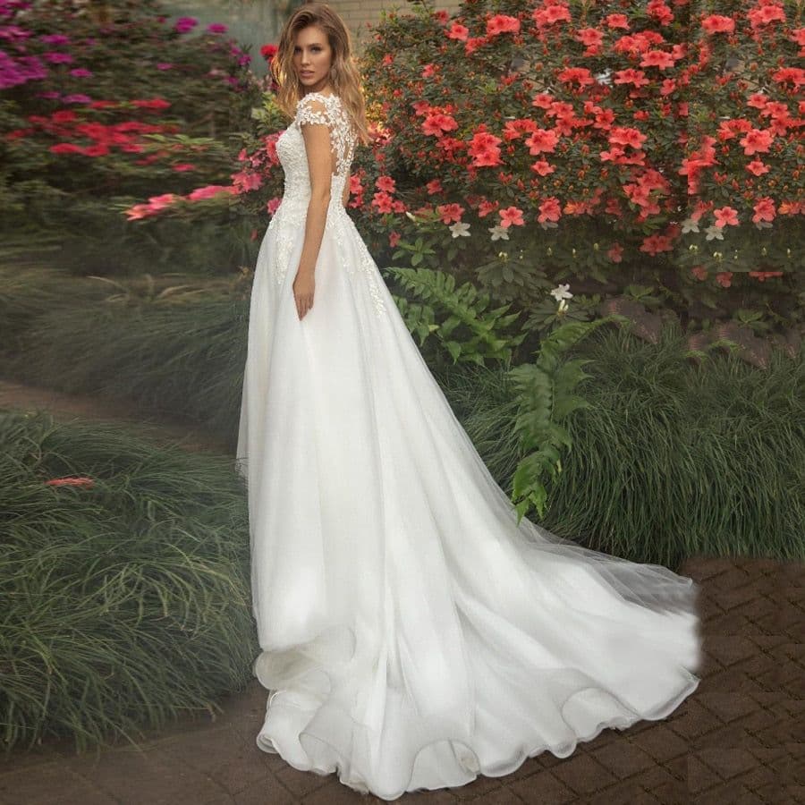image-Wedding Dresses Vertigo De Novia Short Sleeves Scoop Neck Illusion