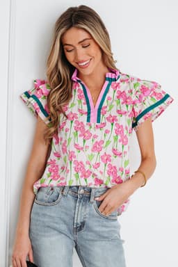 image-Pink Floral Print Blouse - V Neck Double Ruffle
