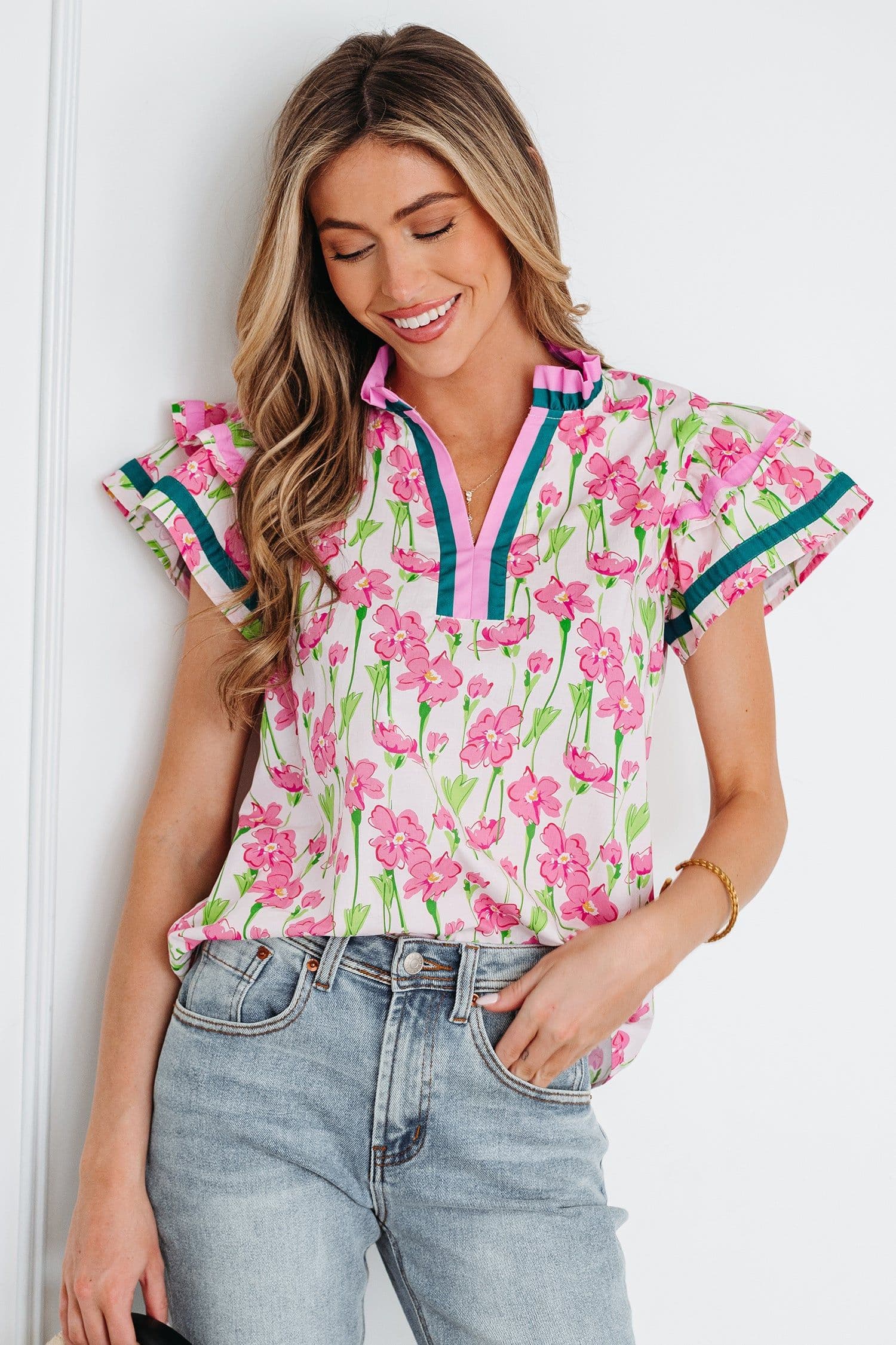 image-Pink Floral Print Blouse - V Neck Double Ruffle